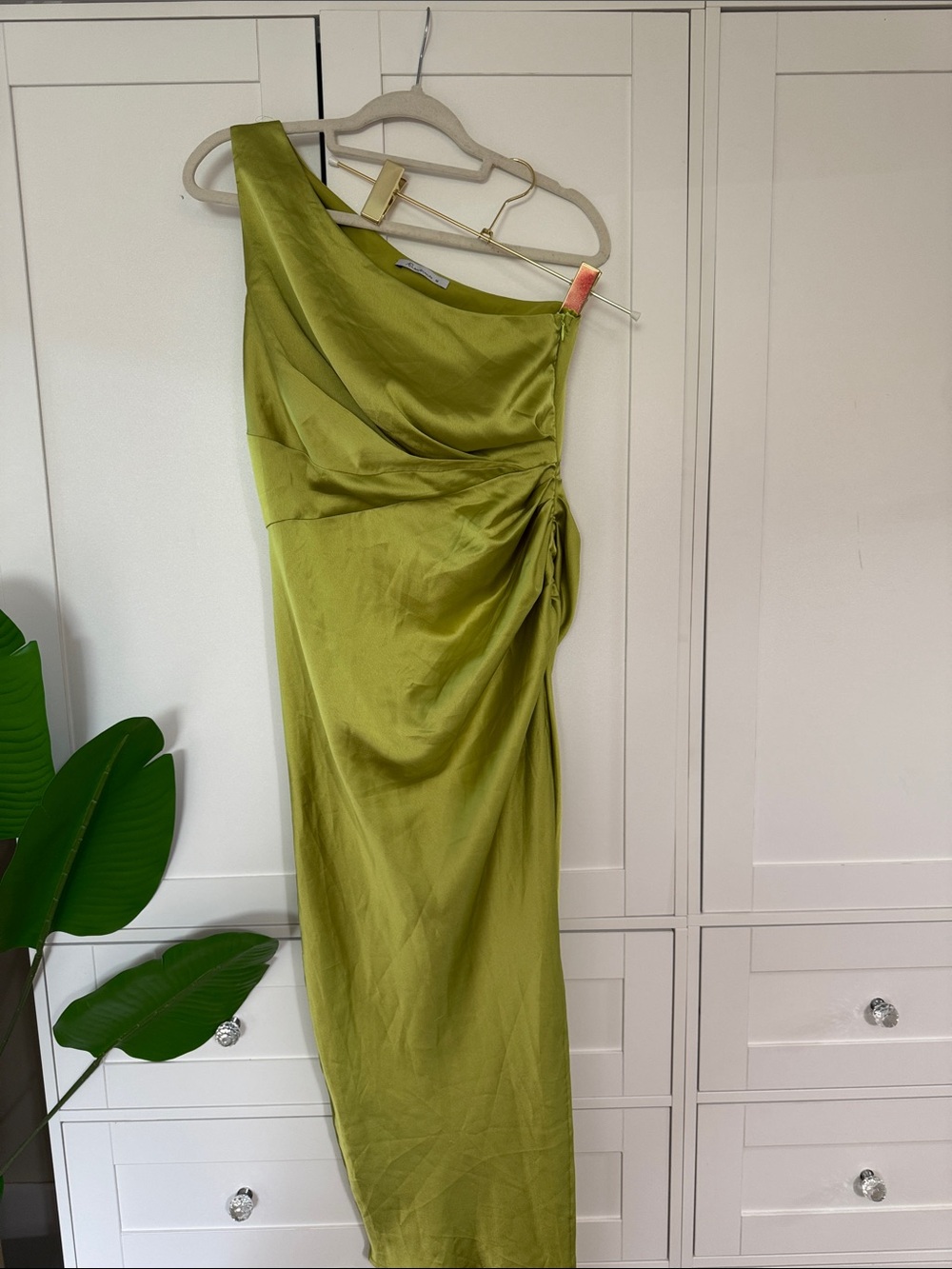 One-Shoulder Olive Satin Draped Dress